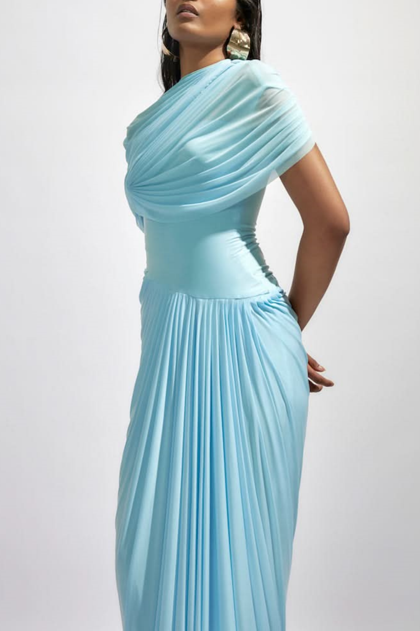 ASYMMETRIC DRAPED MAXI DRESS - BABY BLUE