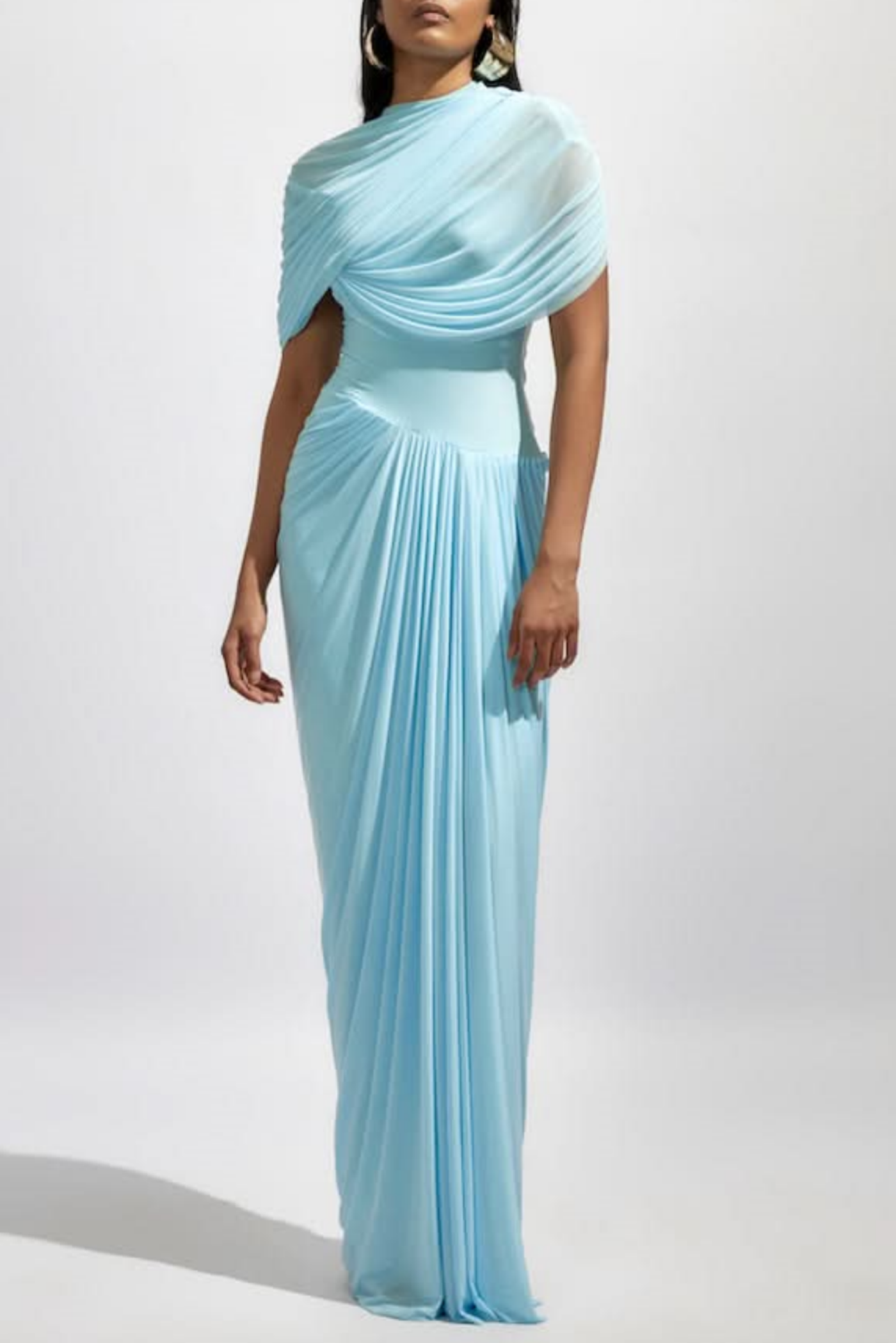 ASYMMETRIC DRAPED MAXI DRESS - BABY BLUE