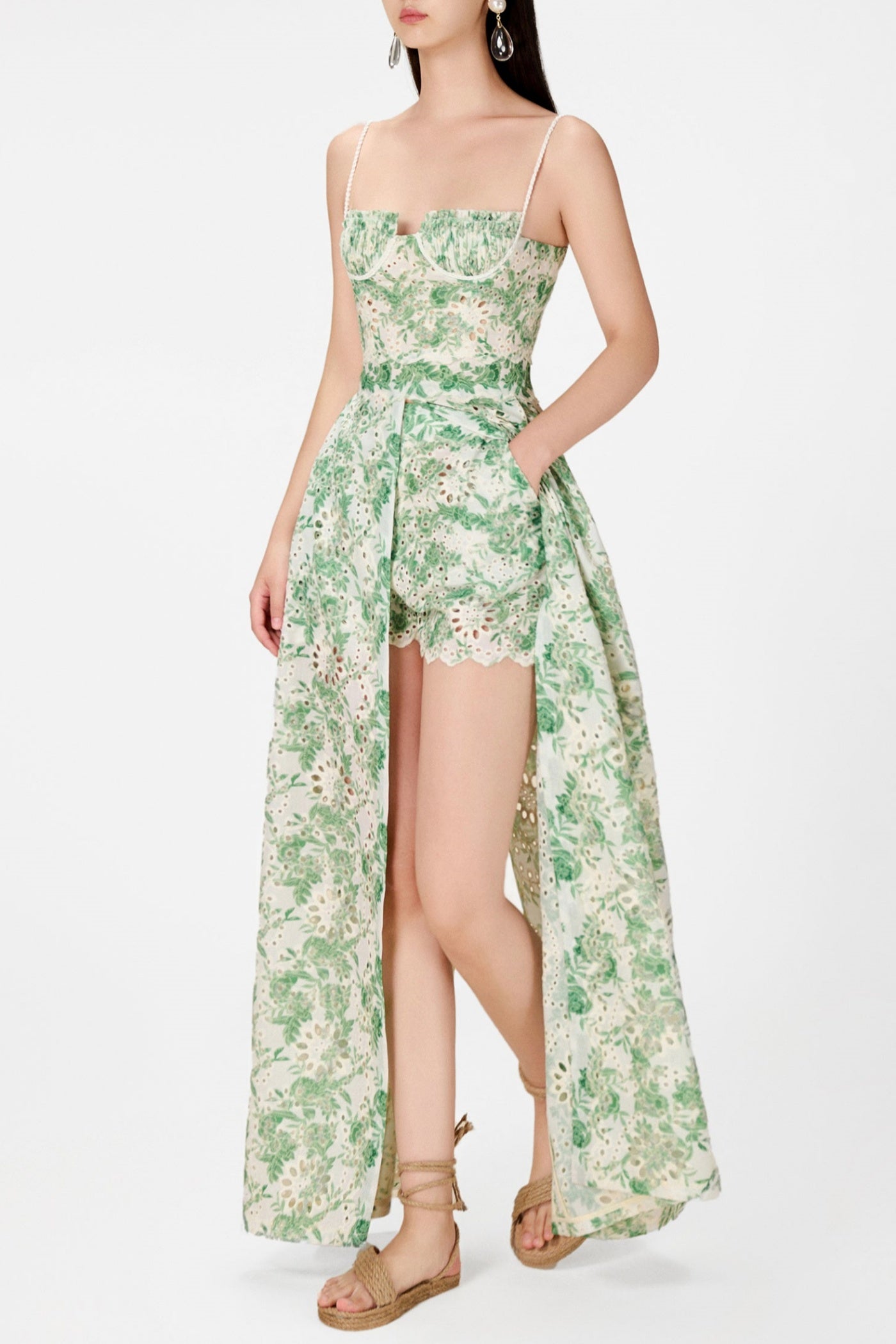 FLORAL EMBROIDERED SHORTS & DRESS SET - GREEN