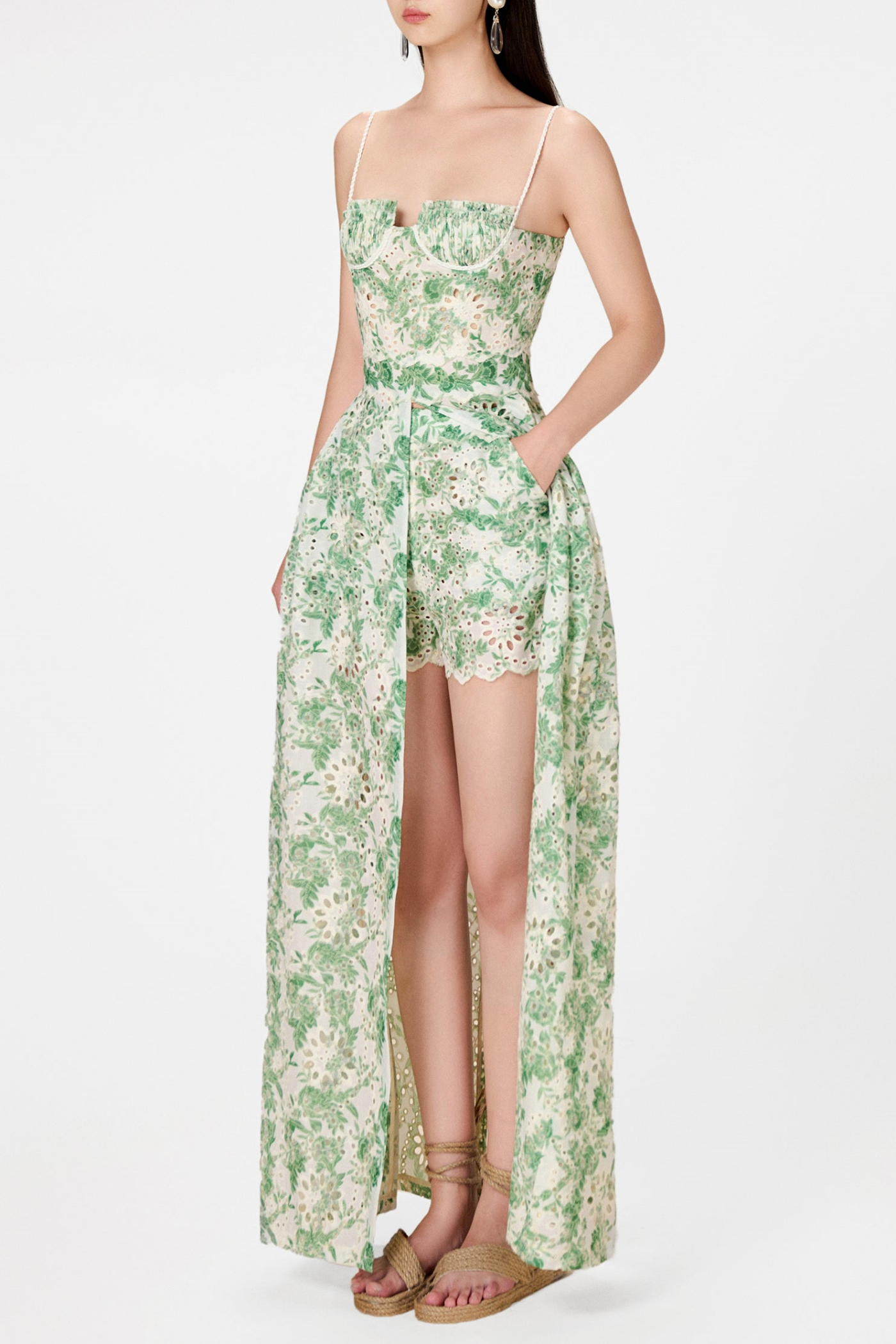 FLORAL EMBROIDERED SHORTS & DRESS SET - GREEN