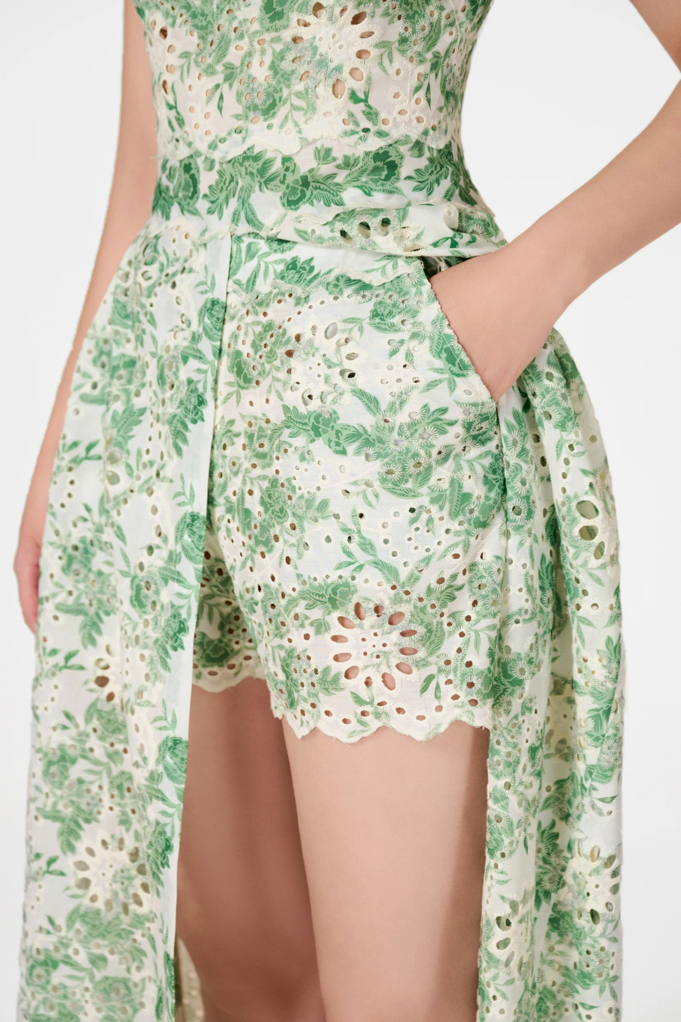 FLORAL EMBROIDERED SHORTS & DRESS SET - GREEN