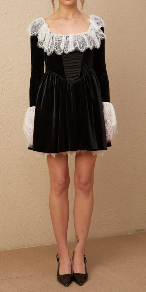Fabiana black lace-trimmed velvet mini dress