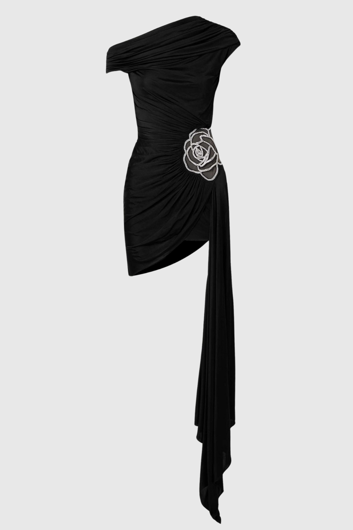 JANETT ONE-SHOULDER FLORAL MINI DRESS - BLACK