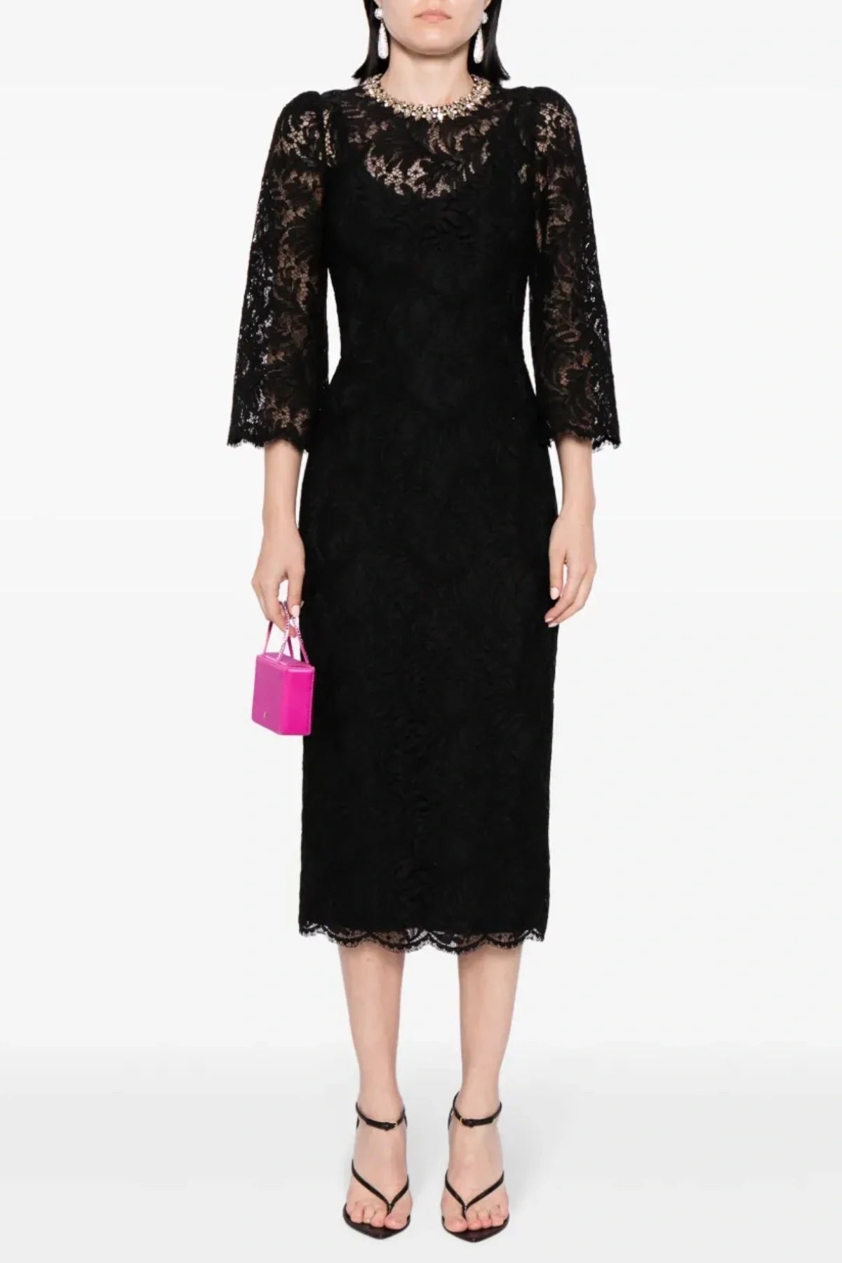 ACOTAS LACE MIDI DRESS WITH CRYSTALS - BLACK
