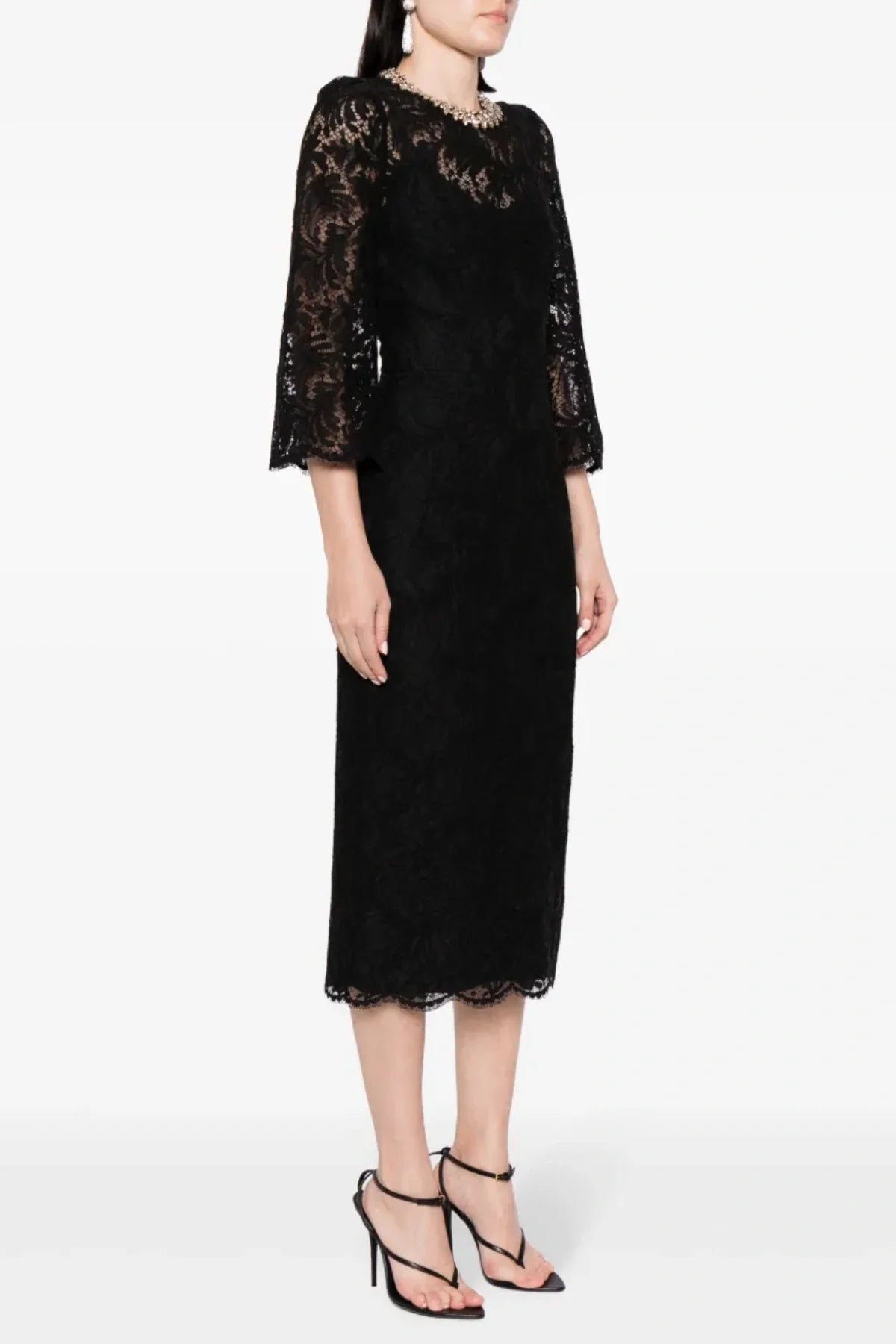 ACOTAS LACE MIDI DRESS WITH CRYSTALS - BLACK