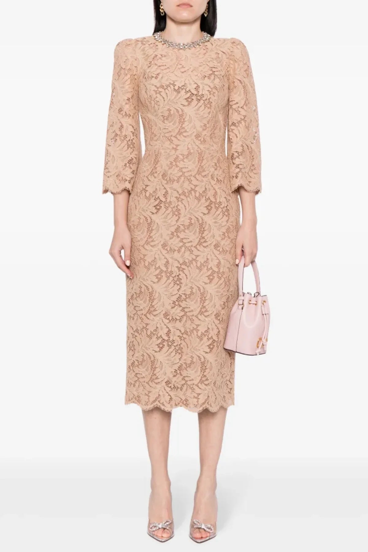 NUDE LACE CRYSTAL MIDI DRESS FOR WEDDING GUEST