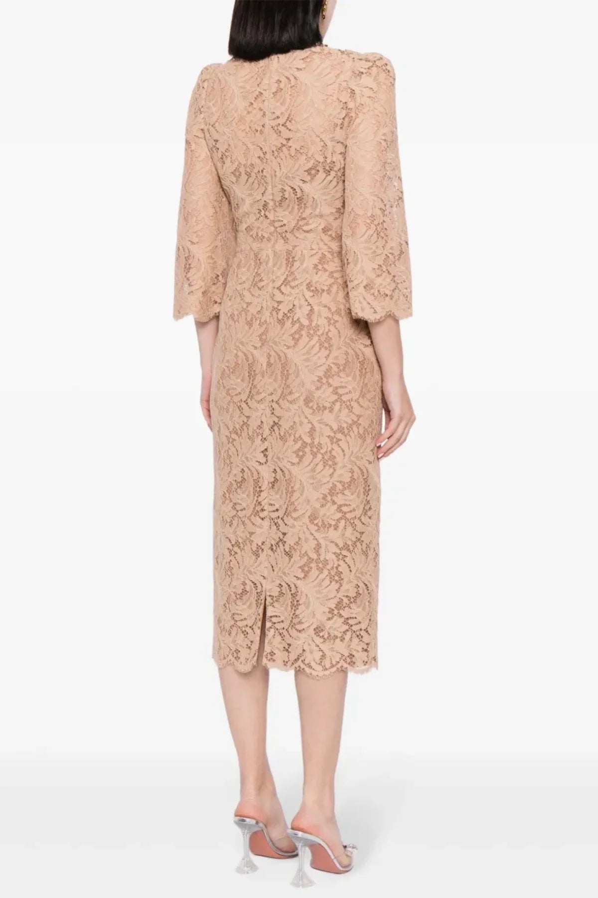 NUDE LACE CRYSTAL MIDI DRESS FOR WEDDING GUEST
