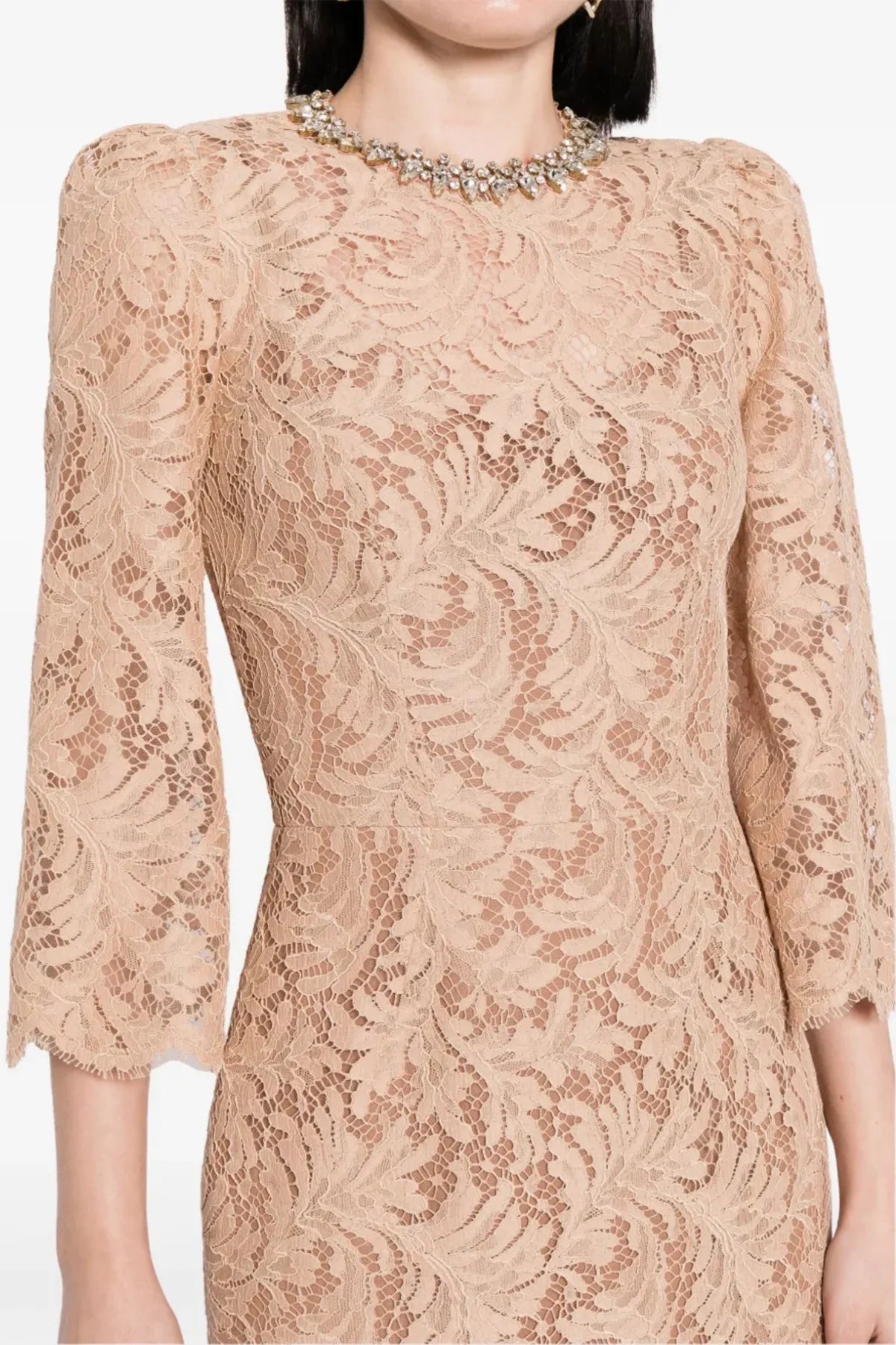 NUDE LACE CRYSTAL MIDI DRESS FOR WEDDING GUEST