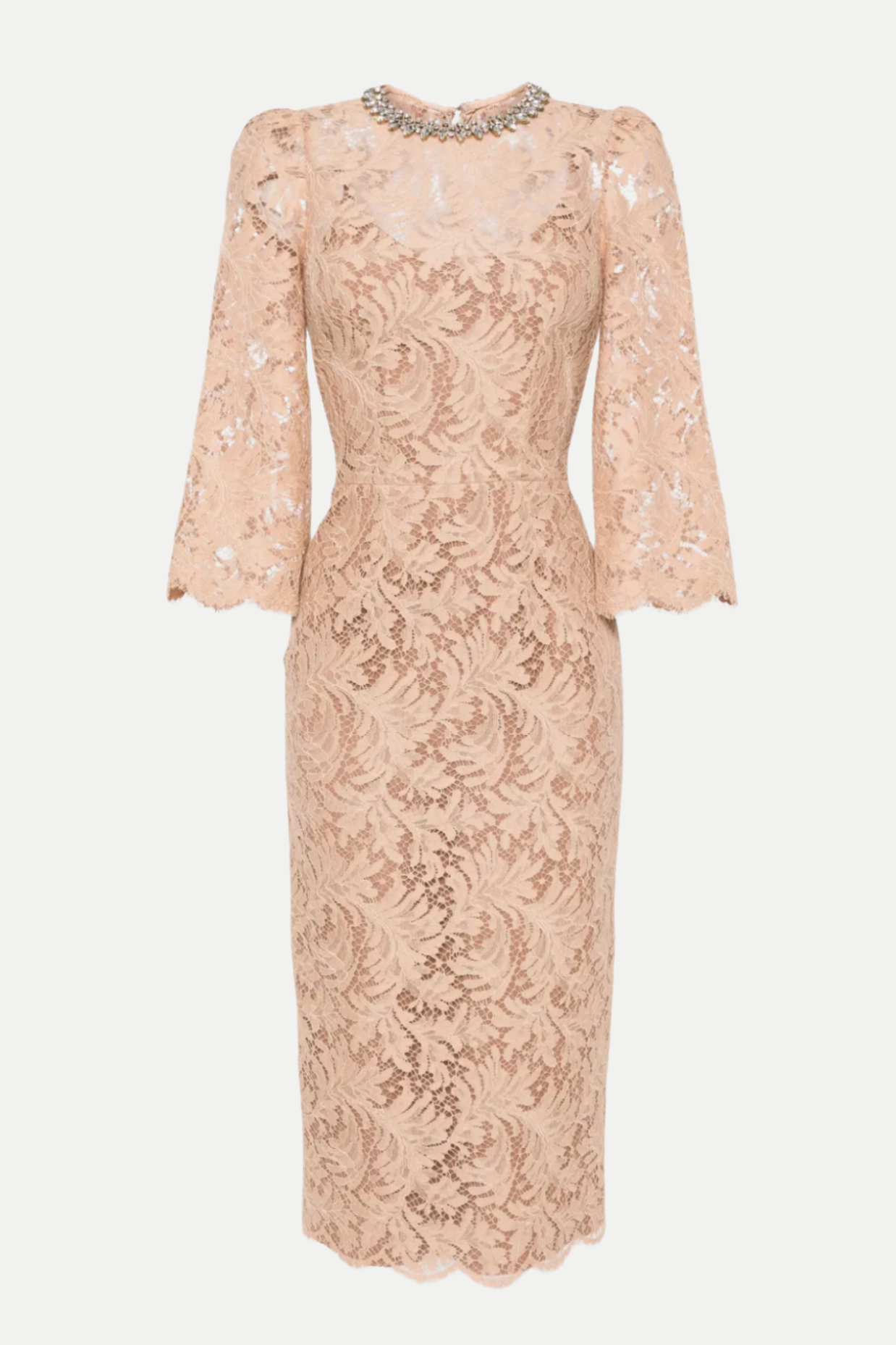 NUDE LACE CRYSTAL MIDI DRESS FOR WEDDING GUEST