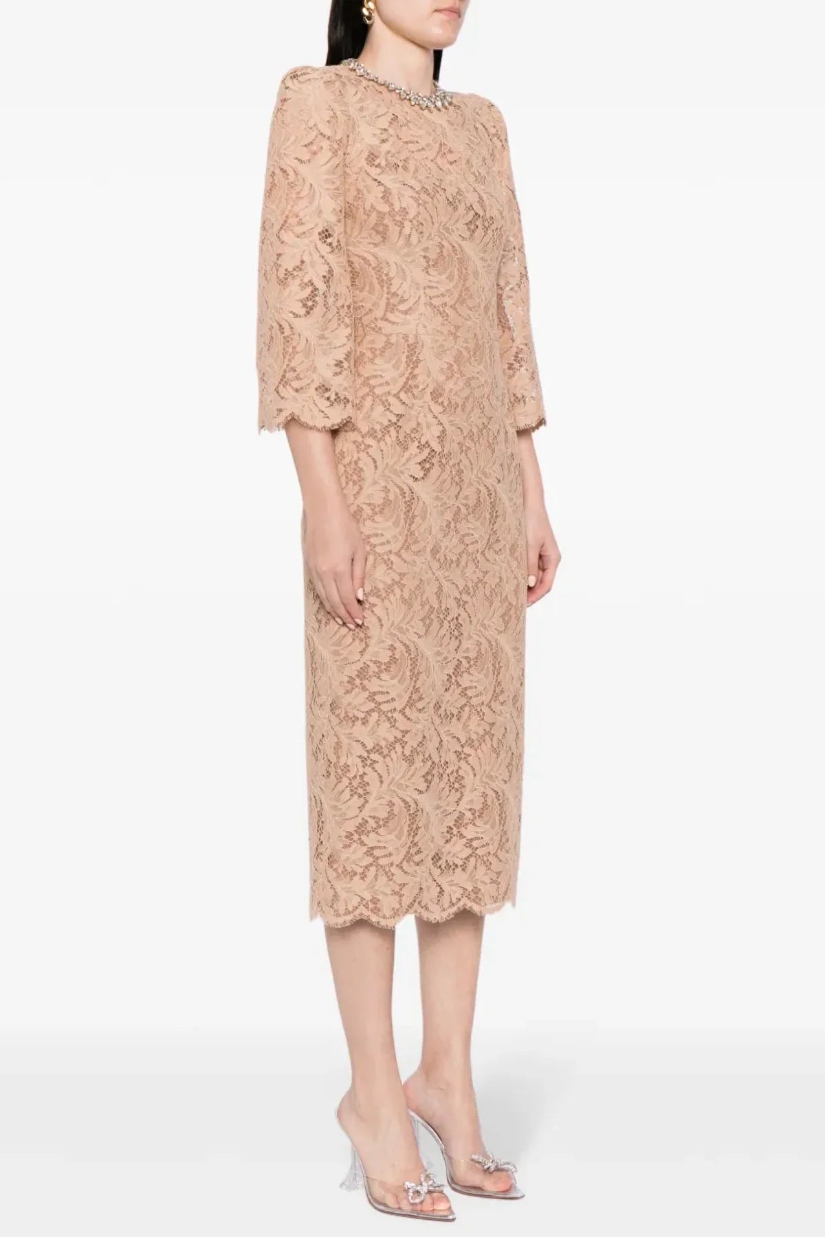 NUDE LACE CRYSTAL MIDI DRESS FOR WEDDING GUEST
