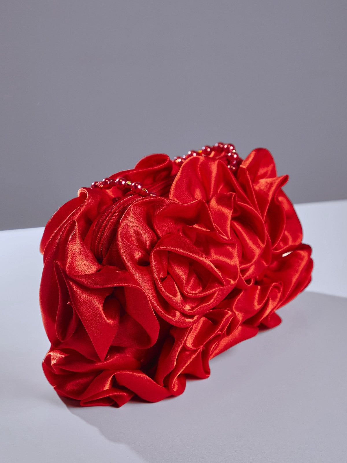 AdahyFlowerSatinBagInRed_1 RED SATIN ROSE CLUTCH, BEADED HANDLE, EVENING BAG