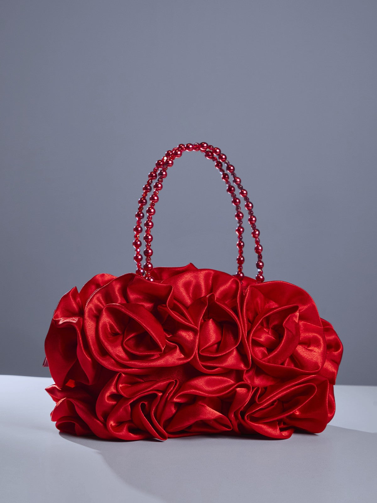 AdahyFlowerSatinBagInRed_2 RED SATIN ROSE CLUTCH, BEADED HANDLE, EVENING BAG