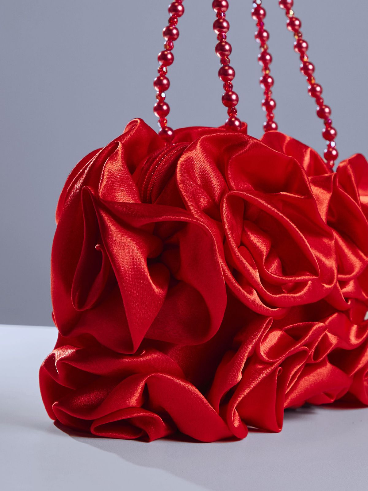 AdahyFlowerSatinBagInRed_3 RED SATIN ROSE CLUTCH, BEADED HANDLE, EVENING BAG