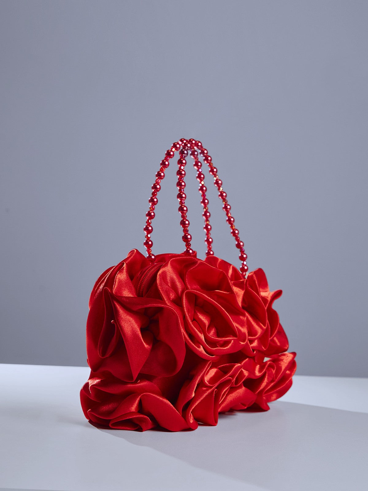AdahyFlowerSatinBagInRed_4 RED SATIN ROSE CLUTCH, BEADED HANDLE, EVENING BAG