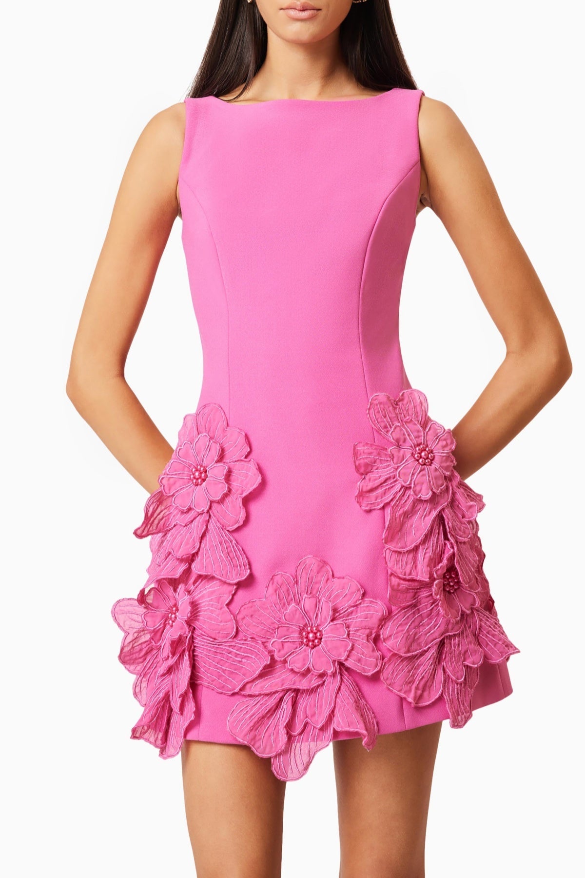 FLORAL APPLIQUÉ MINI DRESS - PINK COCKTAIL