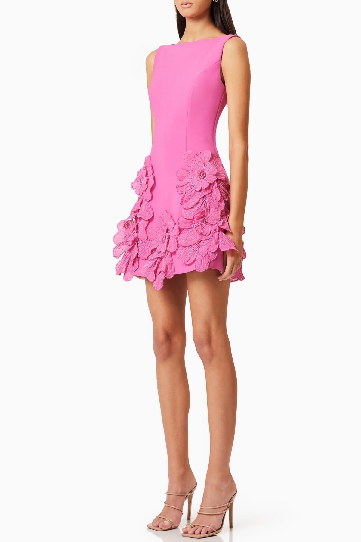 FLORAL APPLIQUÉ MINI DRESS - PINK COCKTAIL