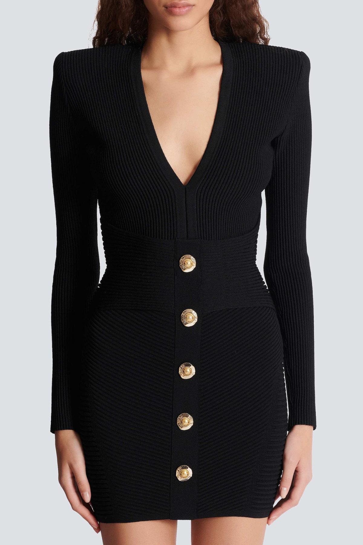 AERO RIB KNIT BUTTON MINI DRESS - BLACK