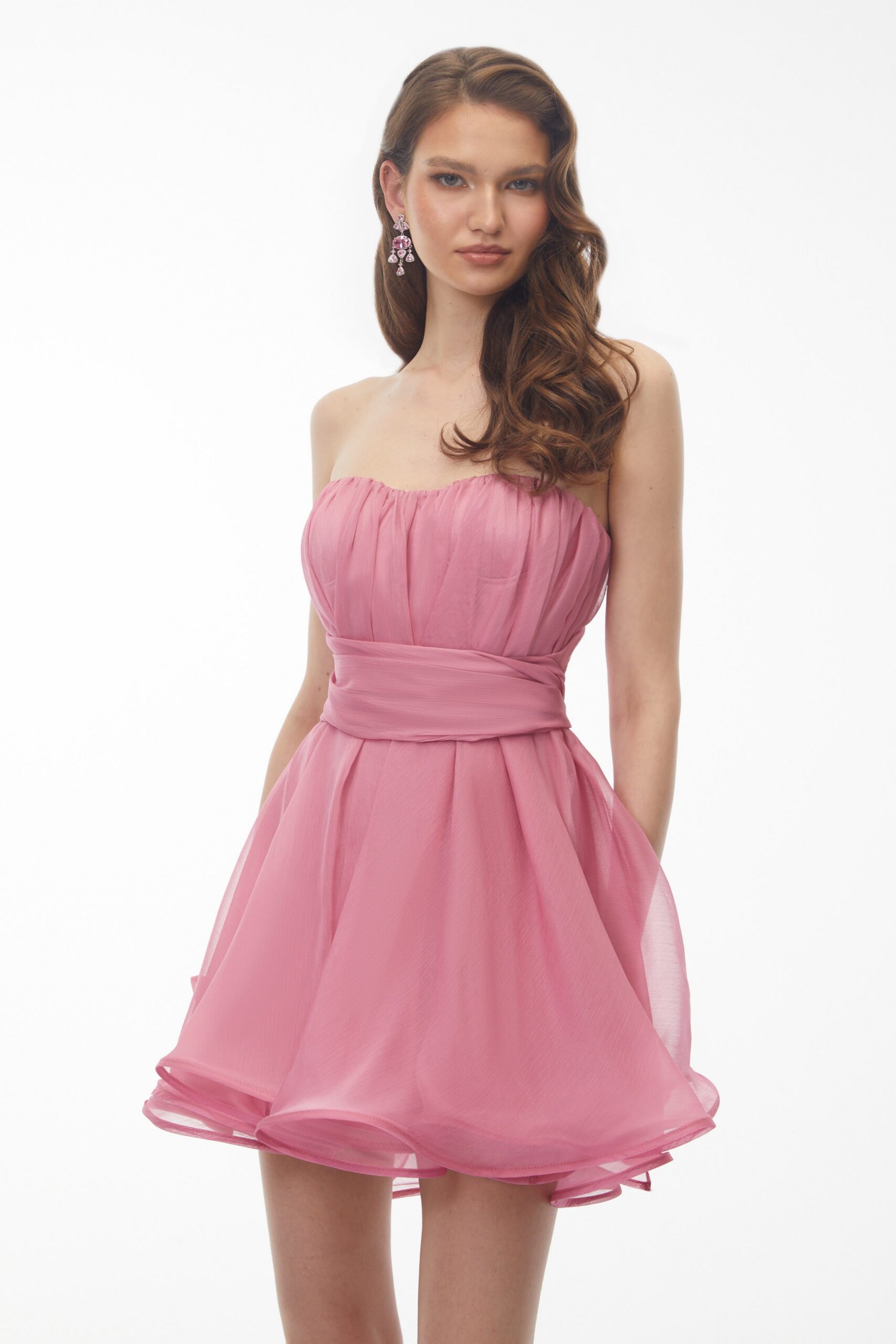 ROSE PINK OFF-SHOULDER RUCHED MINI DRESS WITH RIBBON