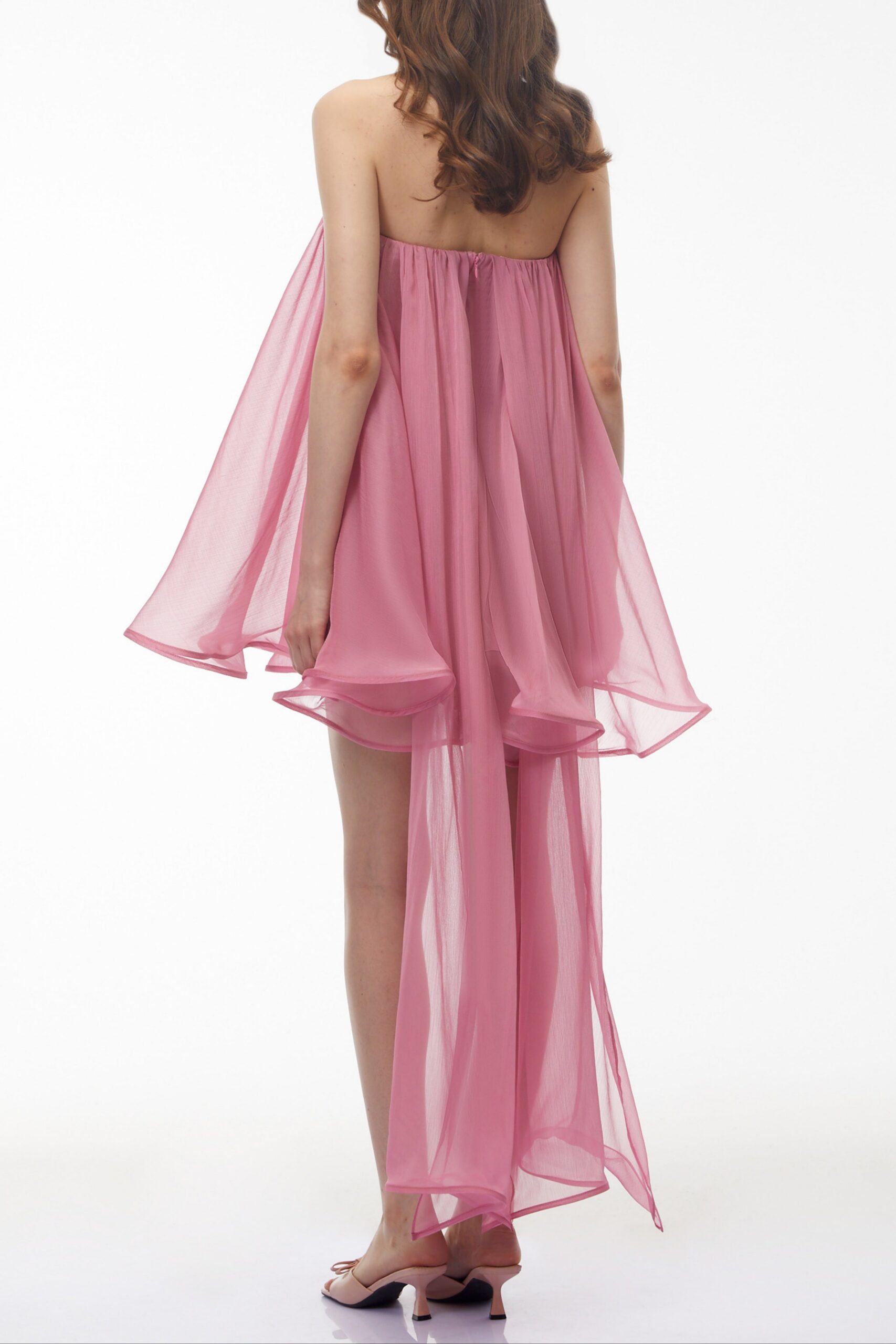 ROSE PINK OFF-SHOULDER RUCHED MINI DRESS WITH RIBBON