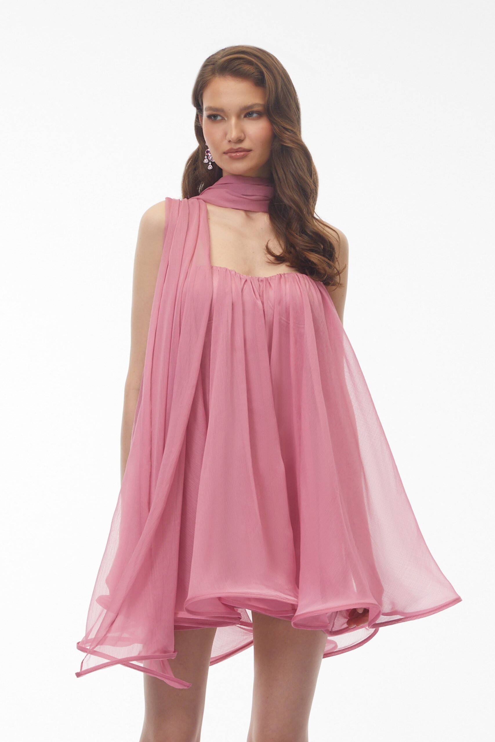 ROSE PINK OFF-SHOULDER RUCHED MINI DRESS WITH RIBBON