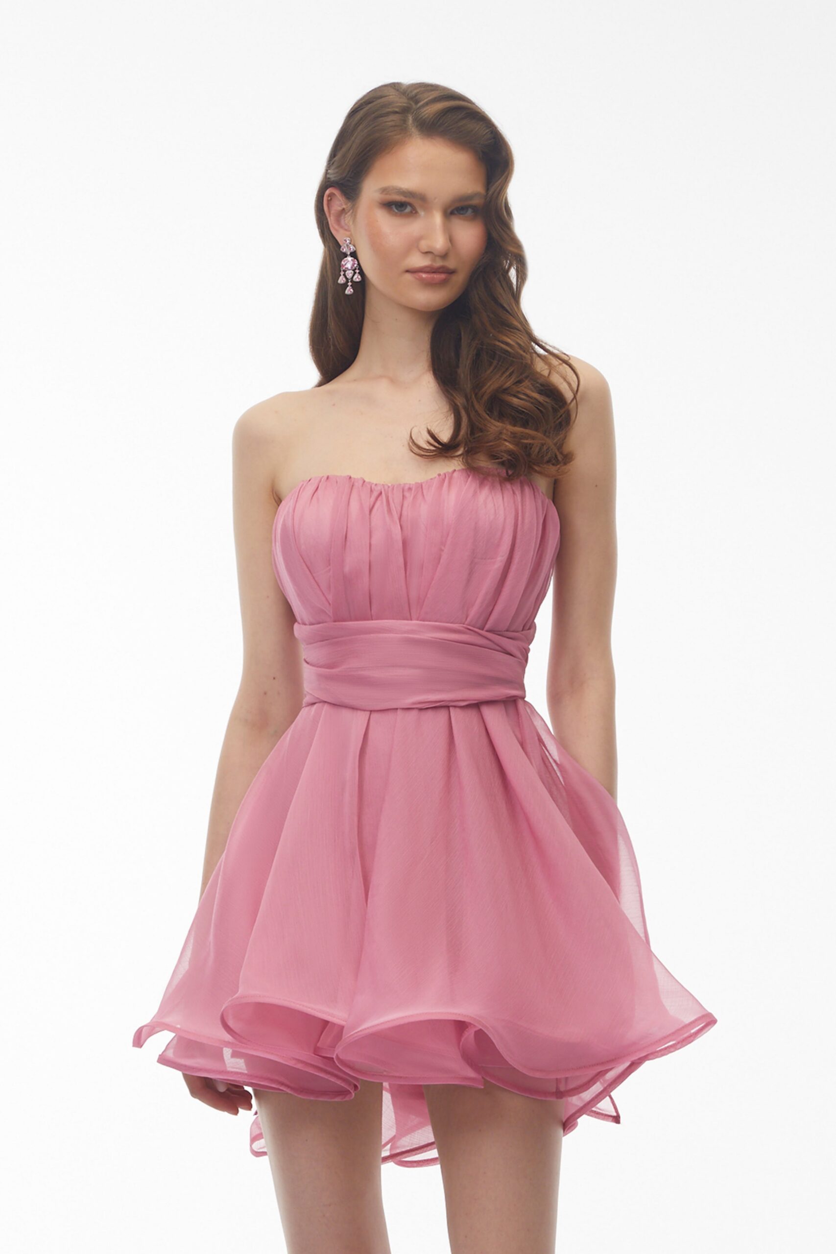 ROSE PINK OFF-SHOULDER RUCHED MINI DRESS WITH RIBBON