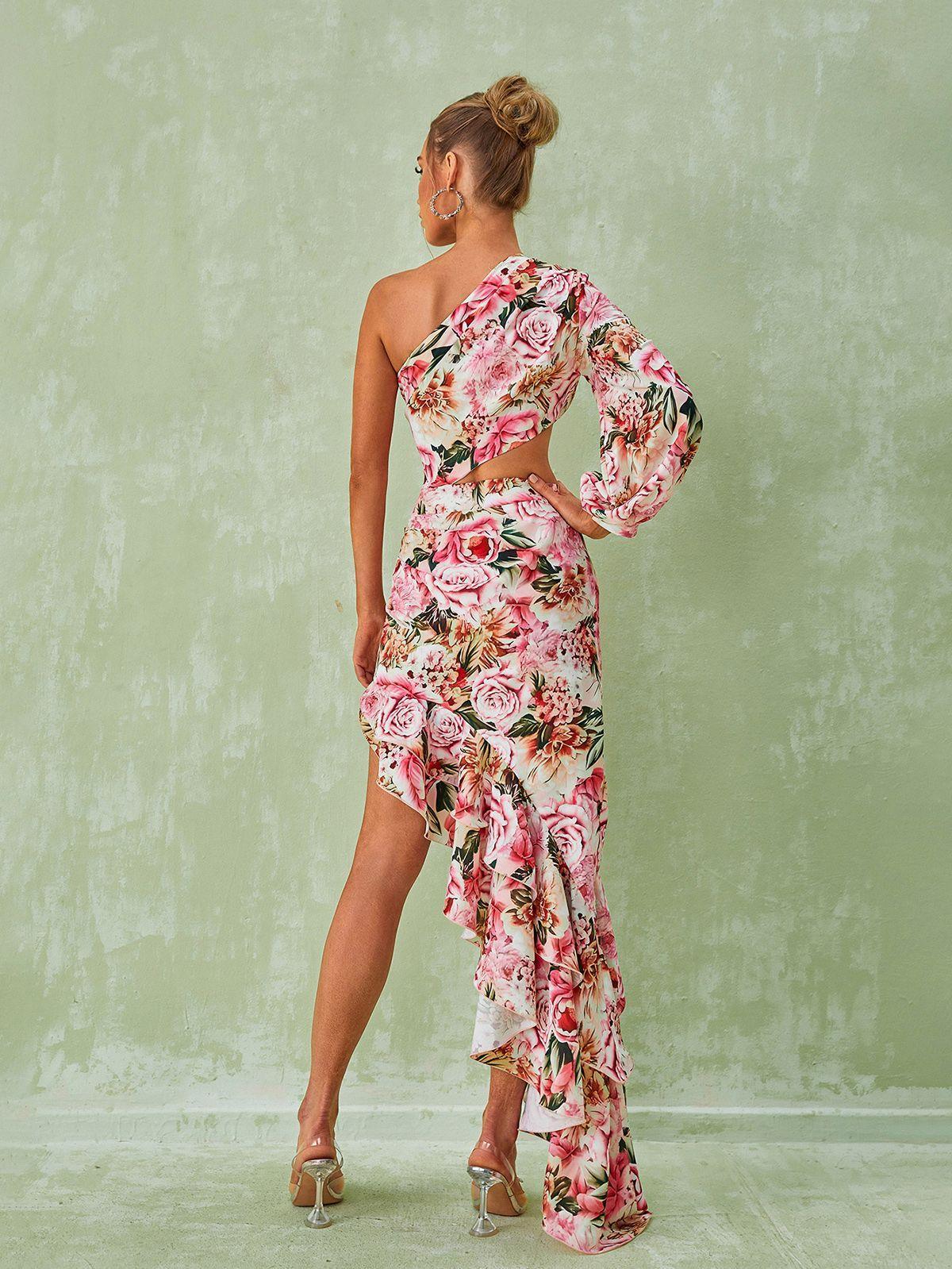 AIYANA PINK ONE-SHOULDER FLORAL MAXI DRESS