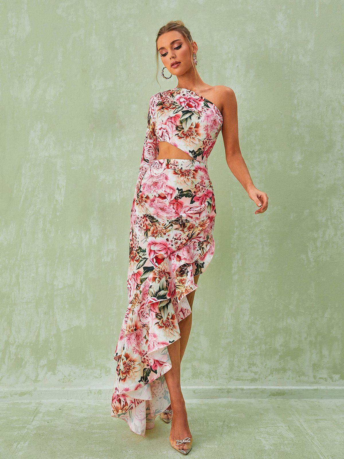AIYANA PINK ONE-SHOULDER FLORAL MAXI DRESS