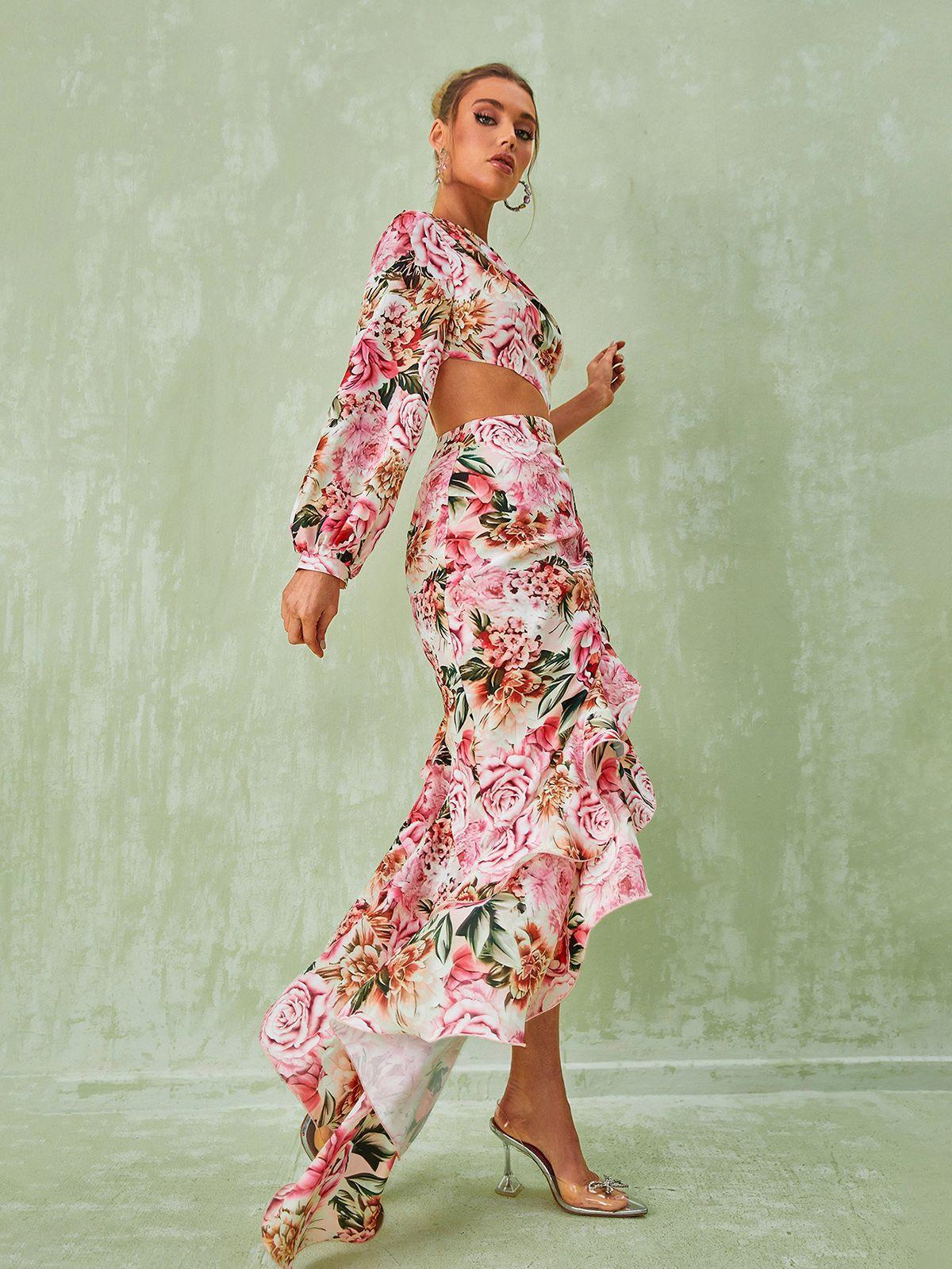 AIYANA PINK ONE-SHOULDER FLORAL MAXI DRESS