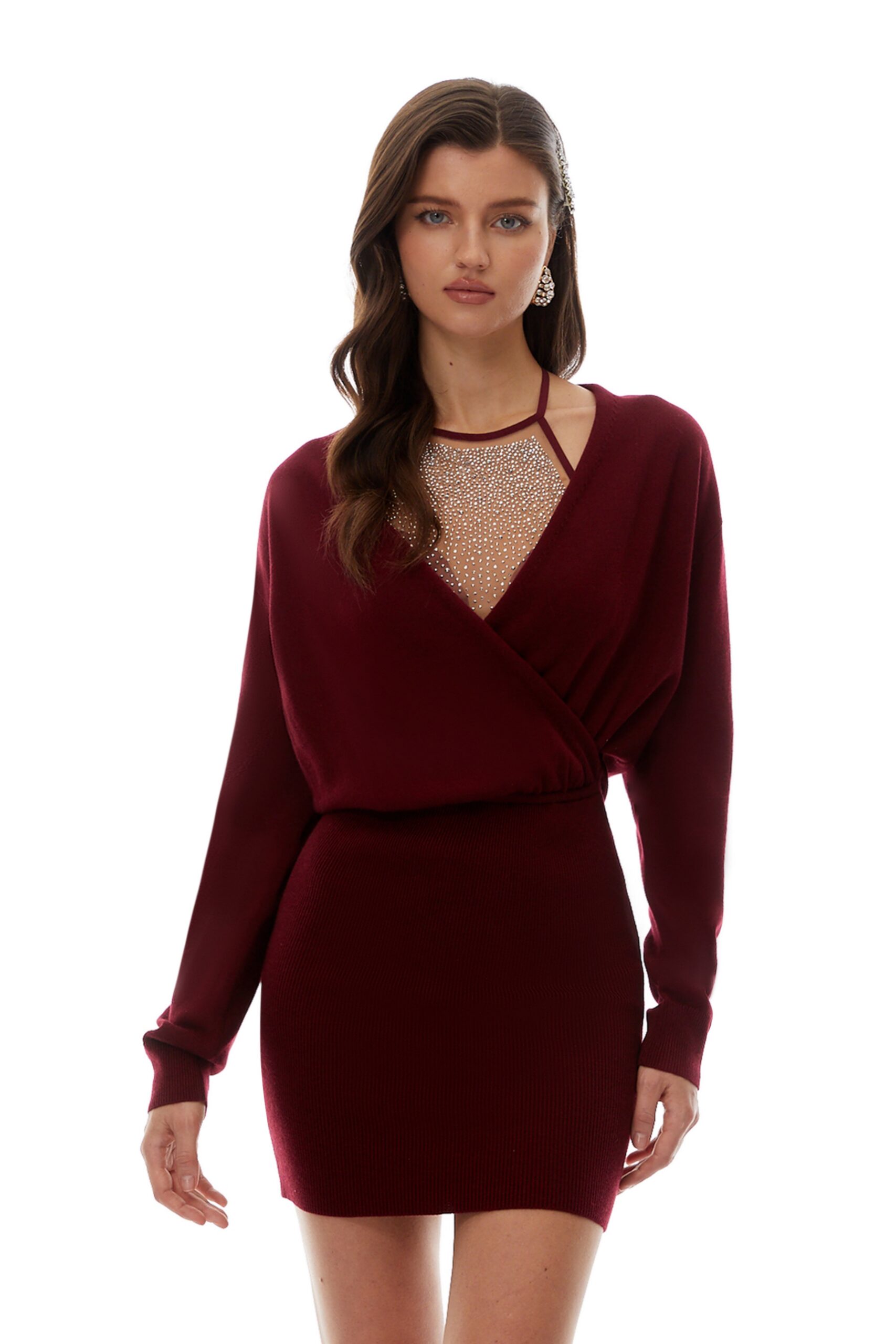 NANCY RHINESTONE BODYCON MINI DRESS IN RED