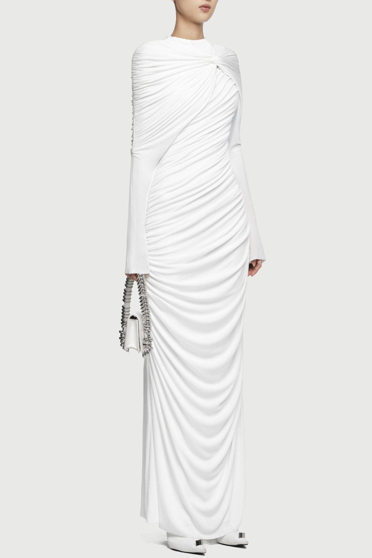 BONNIE LONG SLEEVE KNOT BODYCON MAXI DRESS WHITE