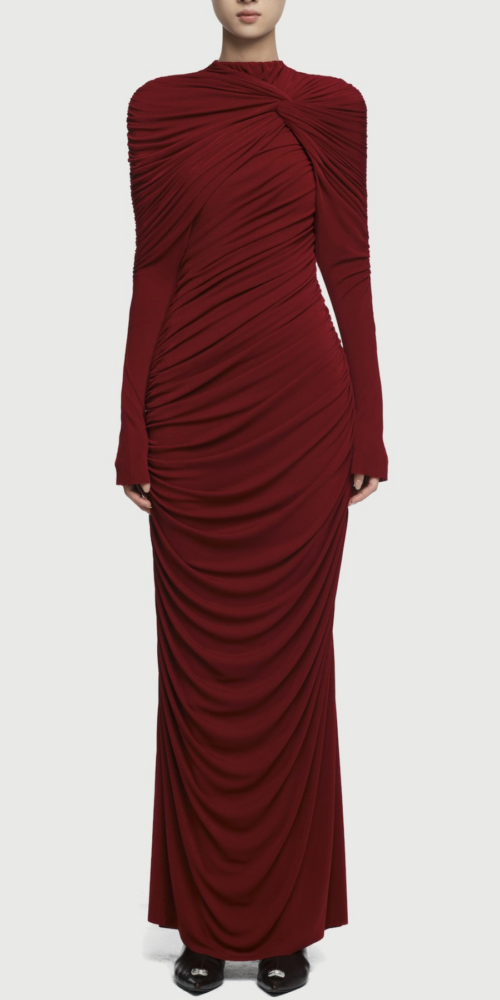 bonnie long sleeve pleated knot bodycon maxi dress in red bonnie long sleeve pleated knot bodycon maxi dress in red