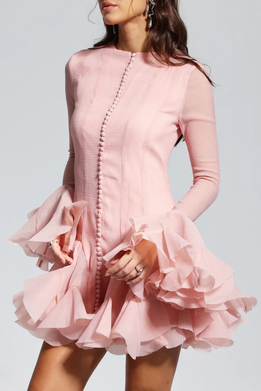 PINK SEMI-SHEER RUFFLE MINI DRESS