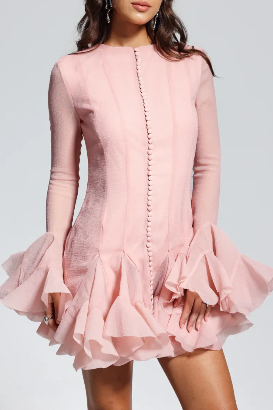 PINK SEMI-SHEER RUFFLE MINI DRESS