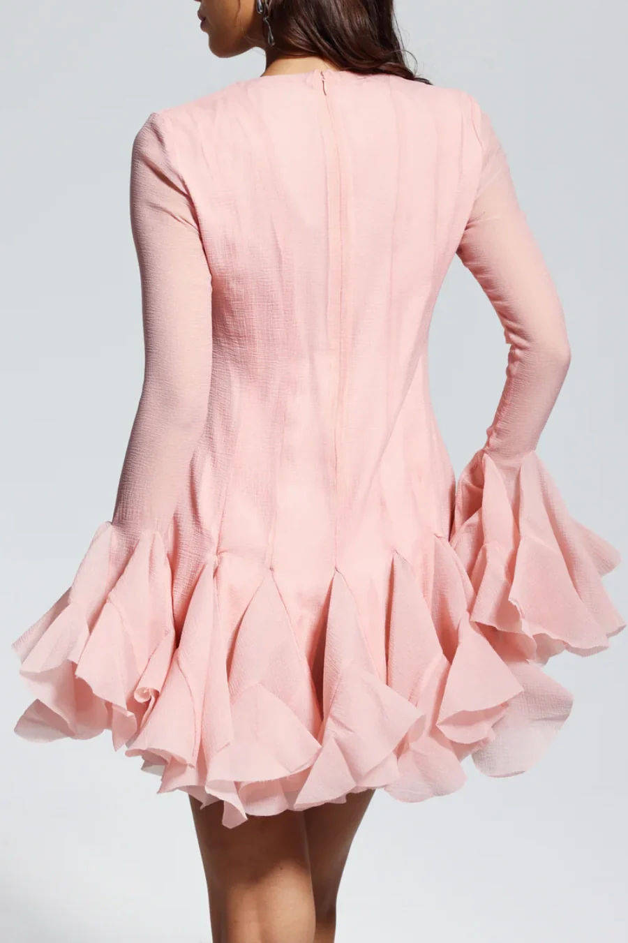 PINK SEMI-SHEER RUFFLE MINI DRESS