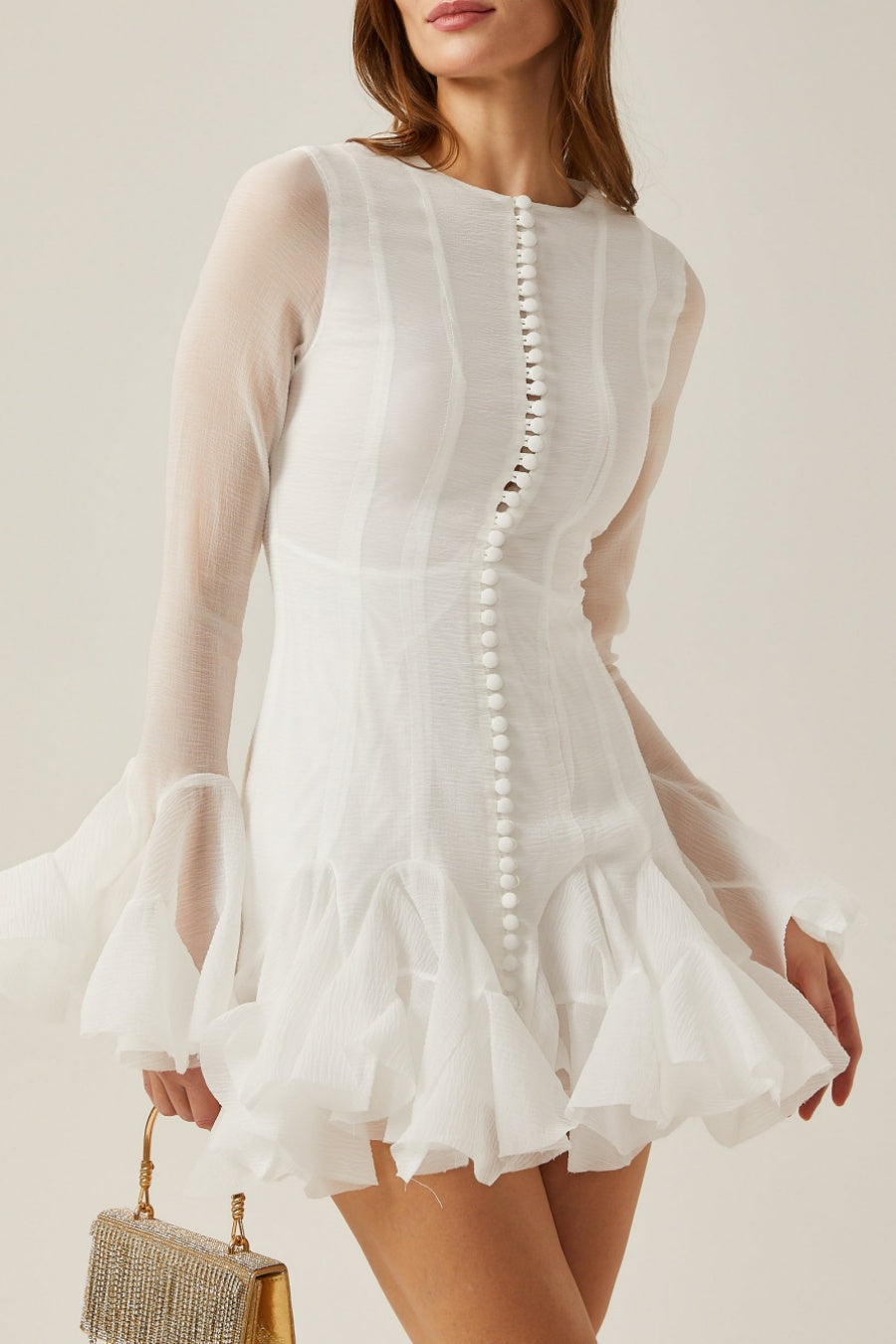 WHITE SEMI-SHEER RUFFLE MINI DRESS FOR PARTY