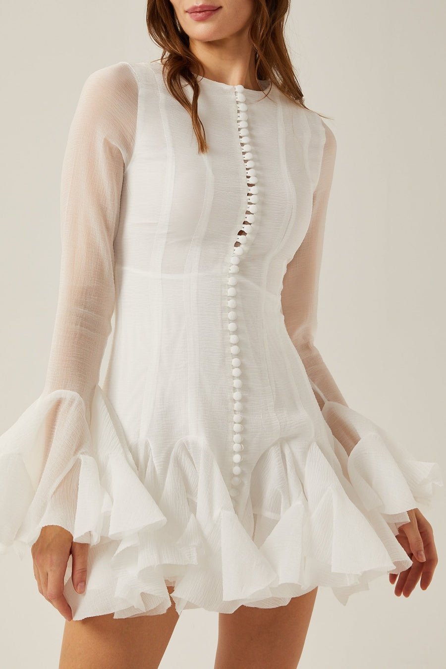 WHITE SEMI-SHEER RUFFLE MINI DRESS FOR PARTY