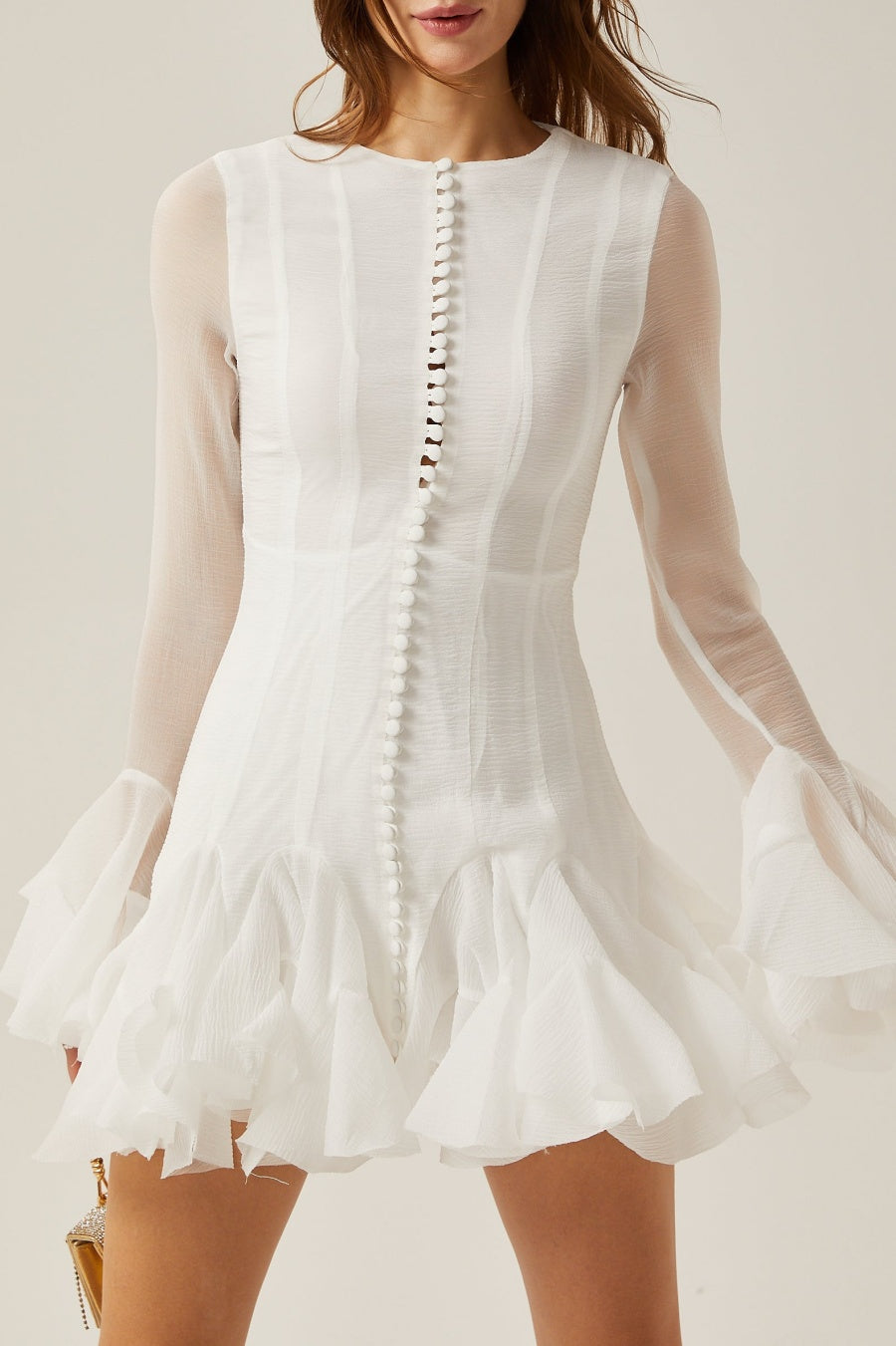 WHITE SEMI-SHEER RUFFLE MINI DRESS FOR PARTY
