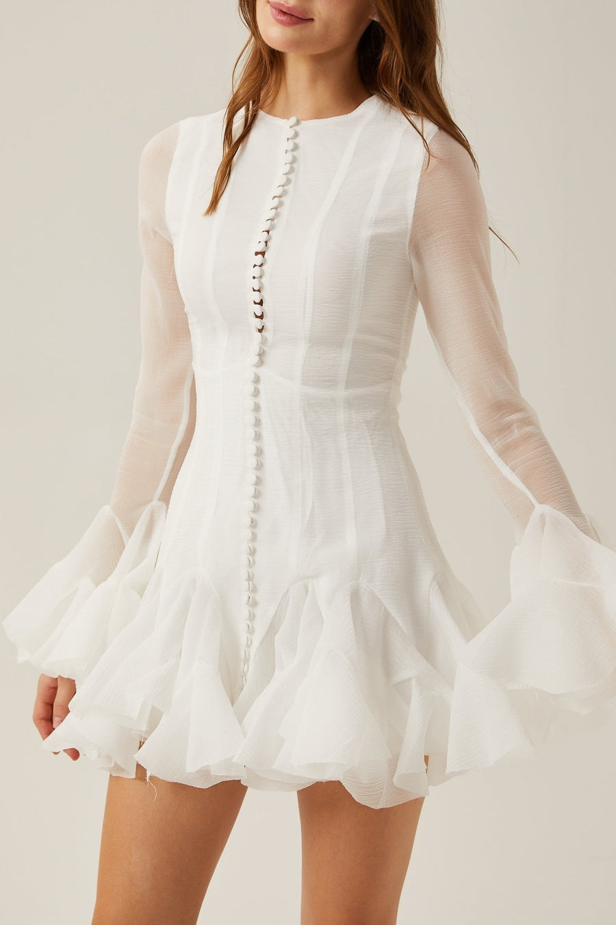 WHITE SEMI-SHEER RUFFLE MINI DRESS FOR PARTY