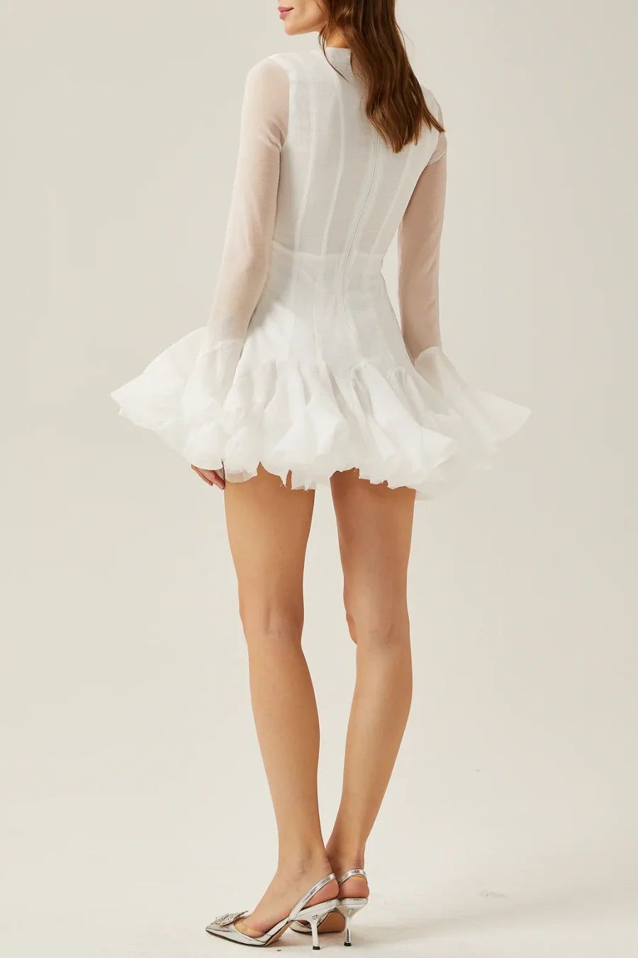 WHITE SEMI-SHEER RUFFLE MINI DRESS FOR PARTY