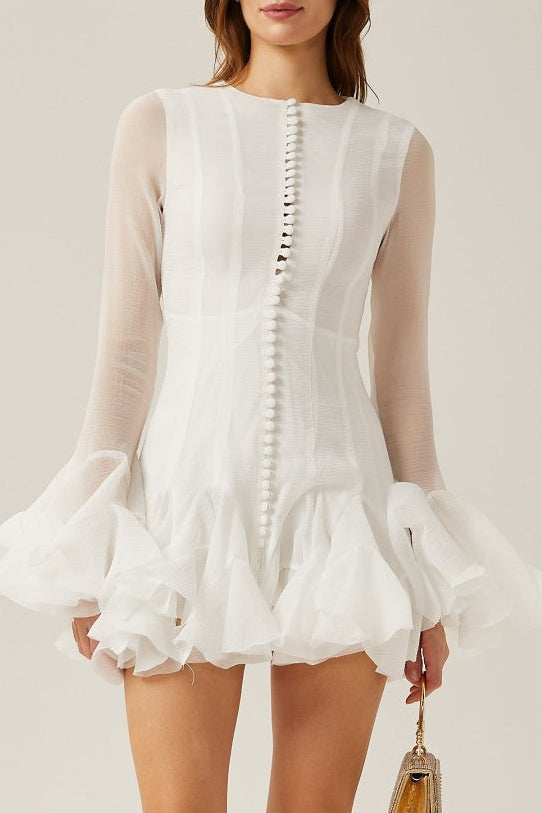 WHITE SEMI-SHEER RUFFLE MINI DRESS FOR PARTY