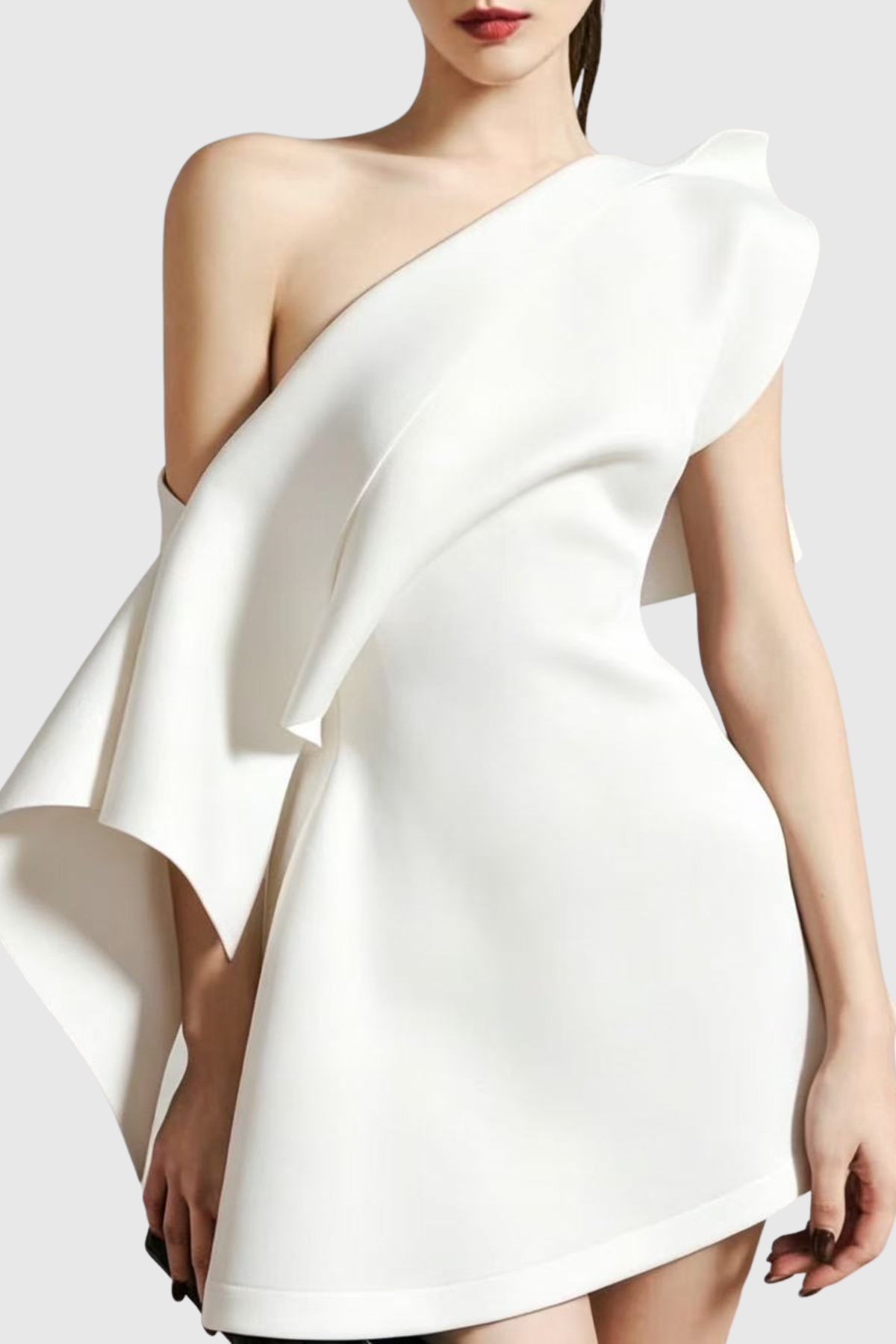 ALDENO ASYMMETRIC OFF-SHOULDER WHITE MINI DRESS