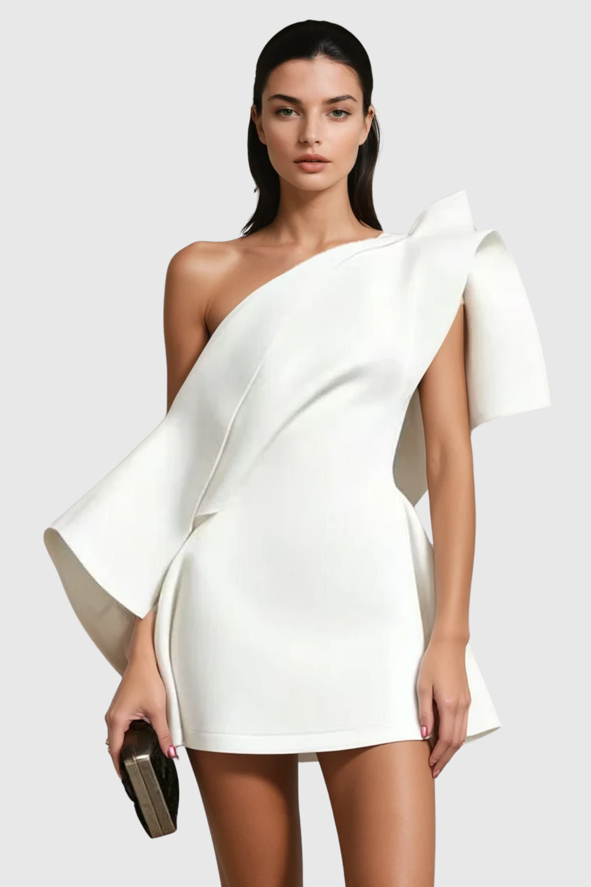 ALDENO ASYMMETRIC OFF-SHOULDER WHITE MINI DRESS