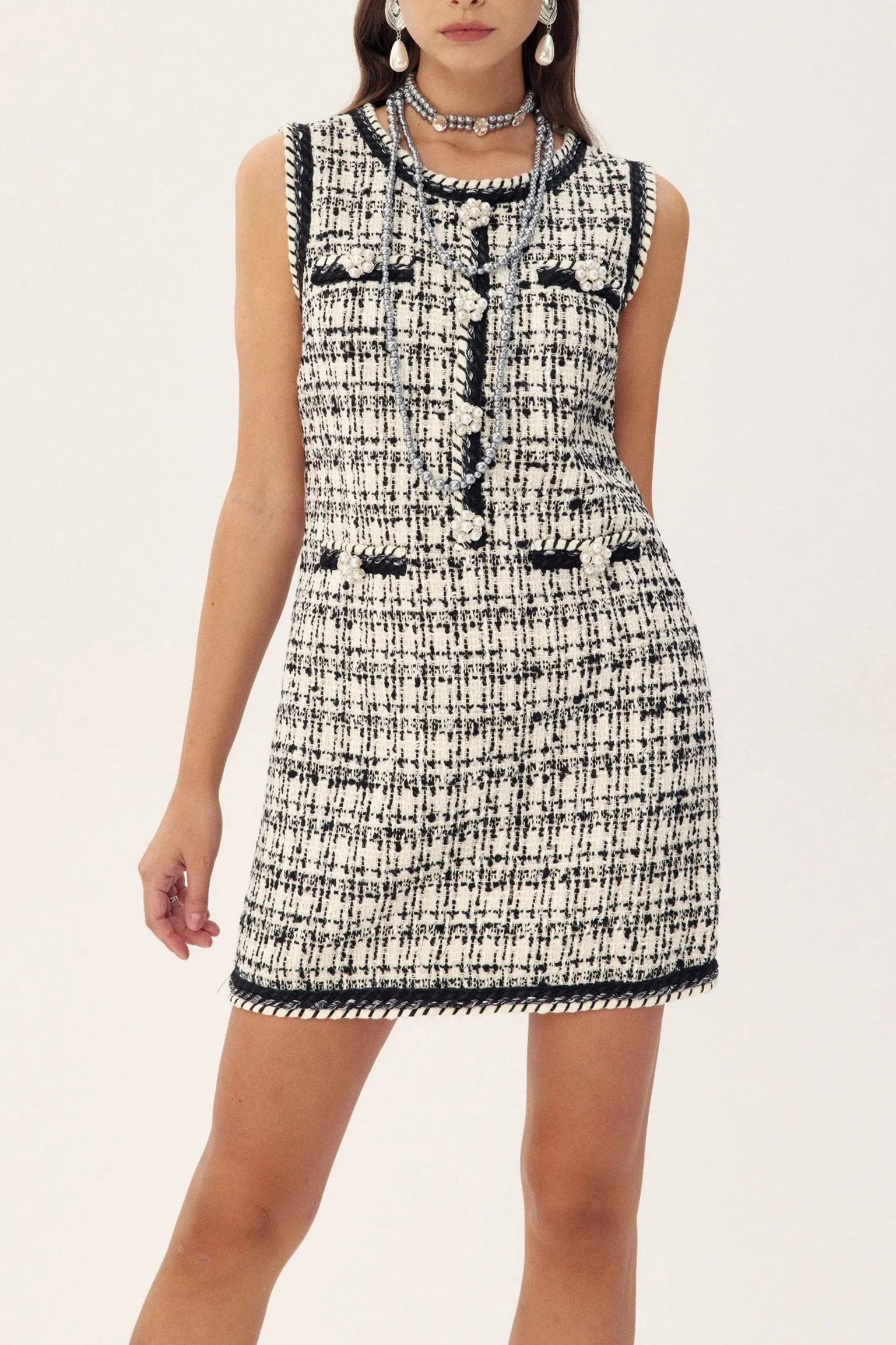 AldineDiamanteContrastTrimmedTweedMiniDress-Sunfere ALDINE DIAMANTE TWEED MINI DRESS, PARTY CONTRAST