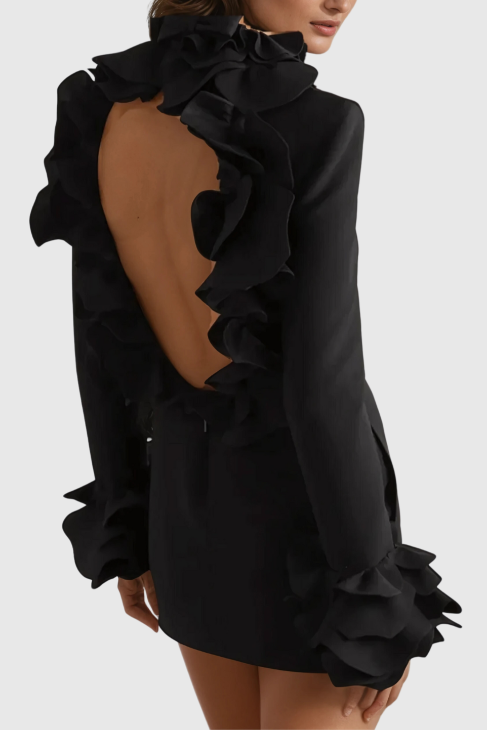 ALESSANDRO RUFFLE BACKLESS BLACK MINI DRESS