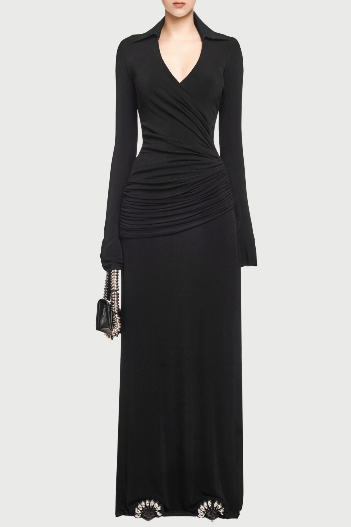 AlistairShirtCollarDrapedMaxiDress-White1 ALISTAIR DRAPED MAXI DRESS, BLACK, SHIRT COLLAR, EVENING