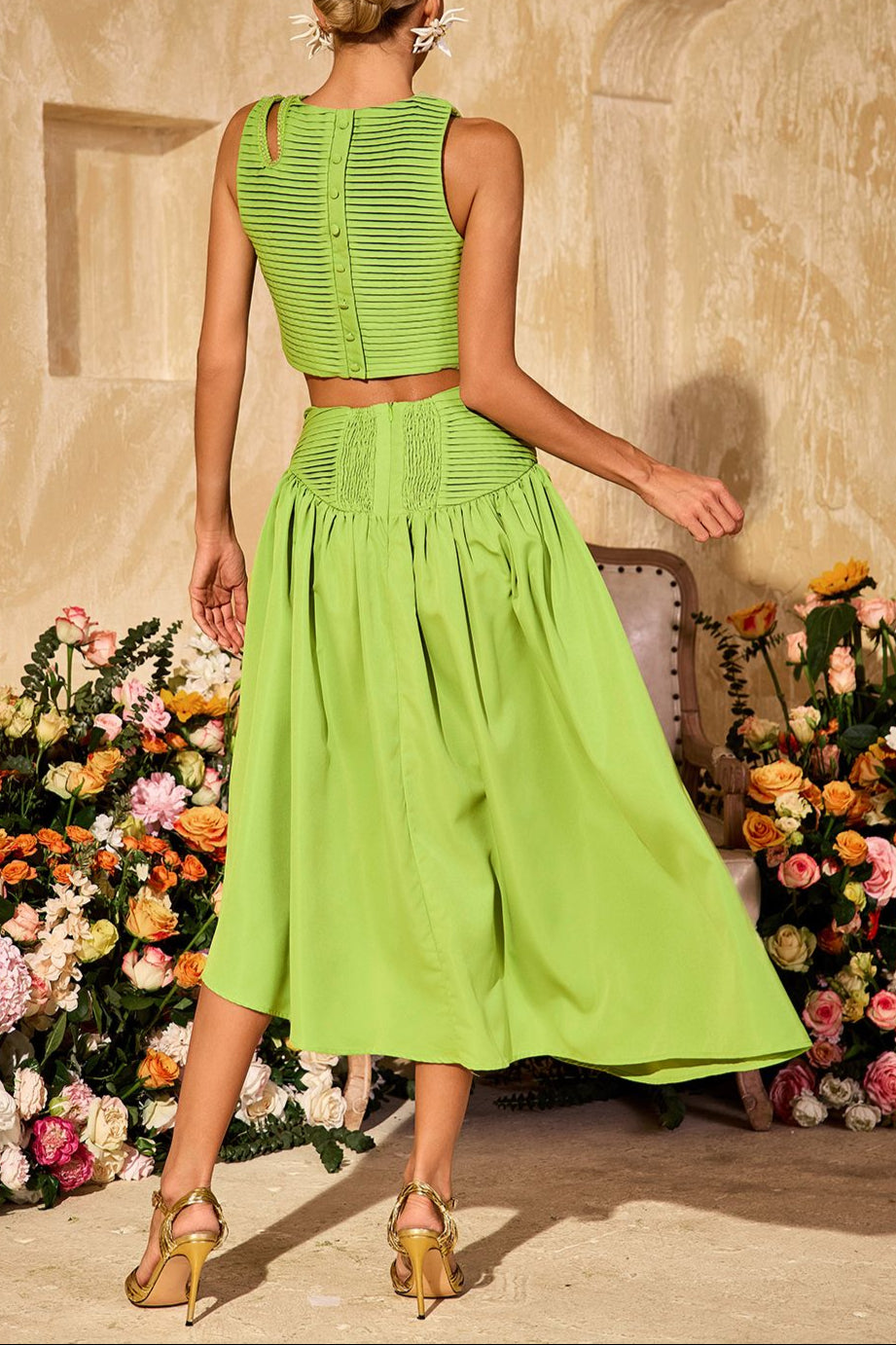 SLEEVELESS RUCHED SKIRT SET FOR WEDDING GUEST