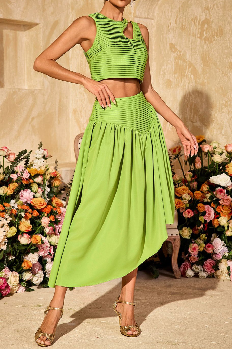 SLEEVELESS RUCHED SKIRT SET FOR WEDDING GUEST