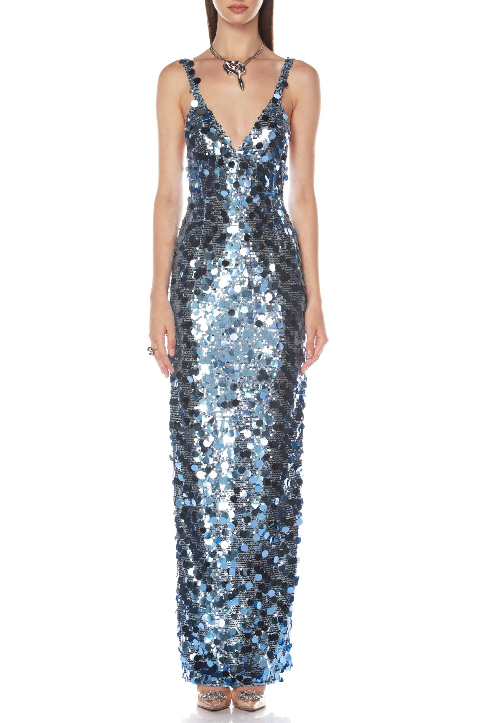 ROBERTA SEQUIN DEEP V-NECK COLUMN GOWN BLUE