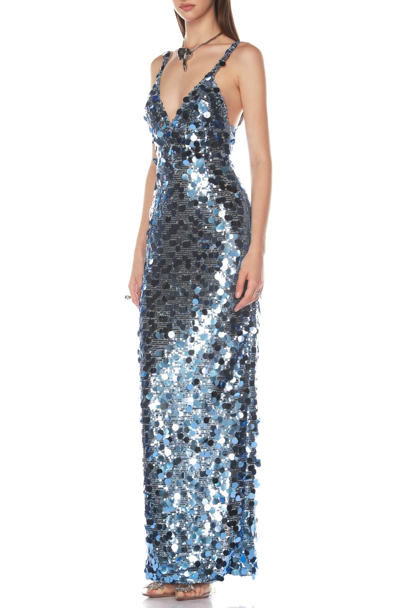 ROBERTA SEQUIN DEEP V-NECK COLUMN GOWN BLUE