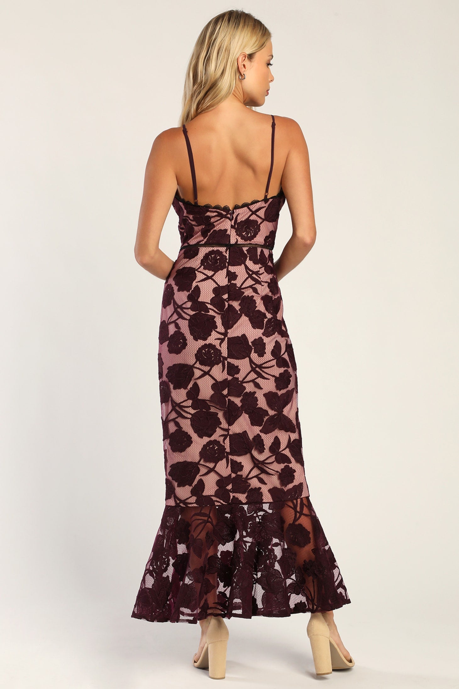 DARK PURPLE FLORAL LACE TRUMPET MIDI DRESS